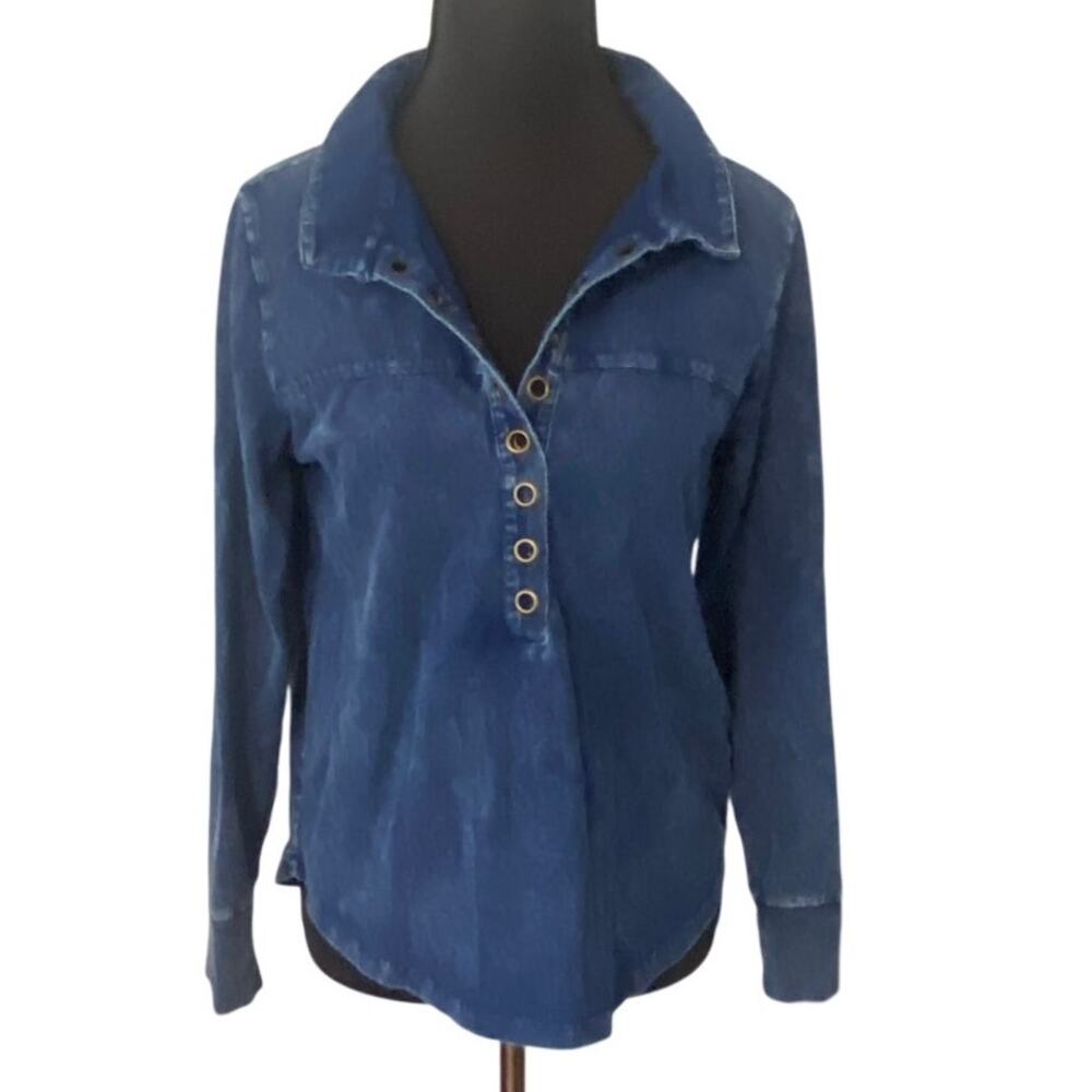 Soft Surroundings Petite Denim Look Henley Top Blue Long Sleeve XS‎
